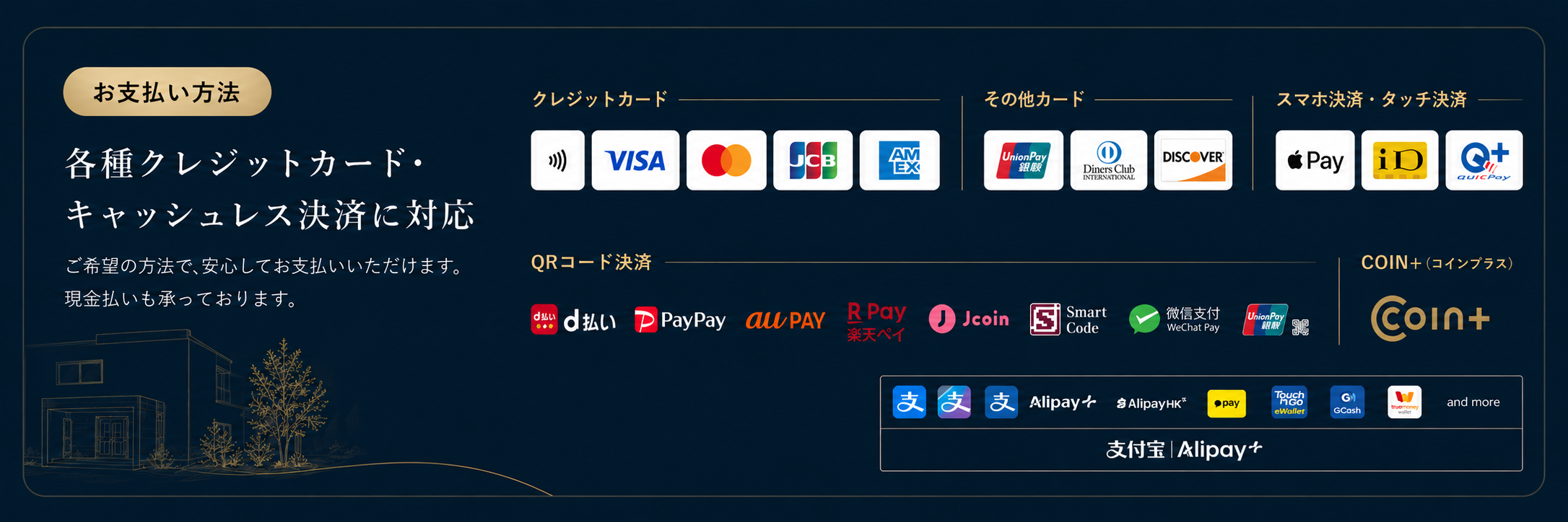 各種クレジットカード、その他カード、スマホ決済、タッチ決済、交通系ICカード、QRコード決済に対応しています。