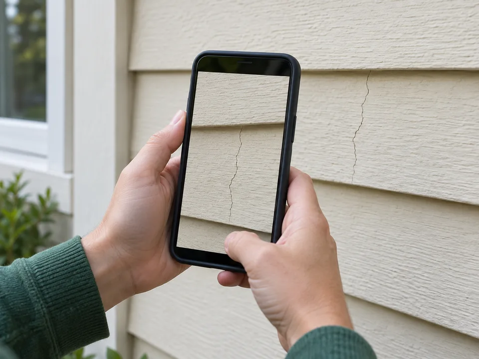 安全な場所からスマートフォンで外壁のひび割れを撮る相談イメージ